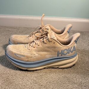 Hoka Women's Beige and Light Blue Athletic Shoes Clifton 9